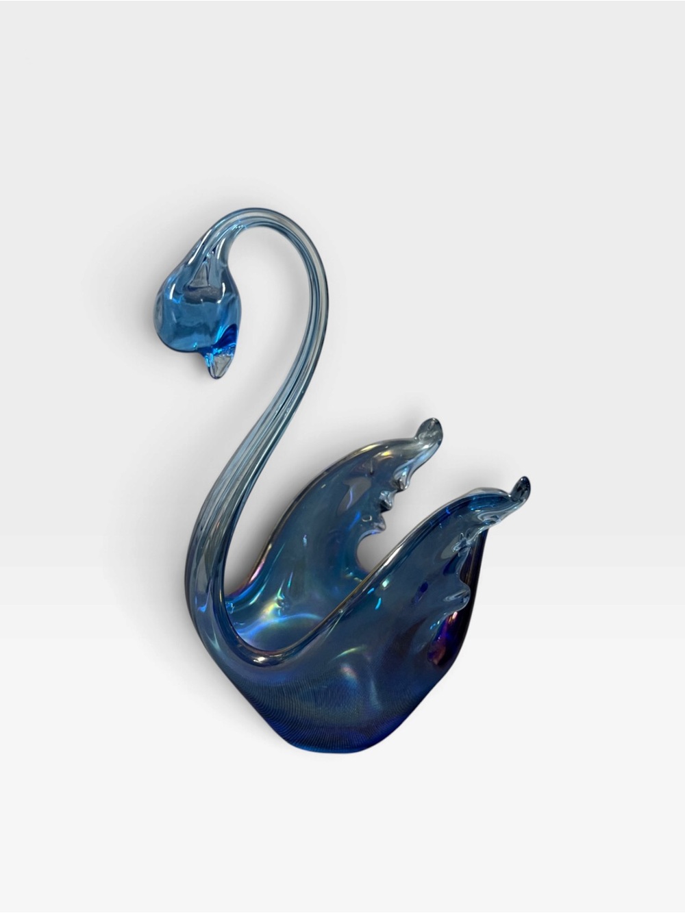 Vintage Blue Iridescent Hand Blown Art Glass Swan Figurine 5.5” Vanity Decor